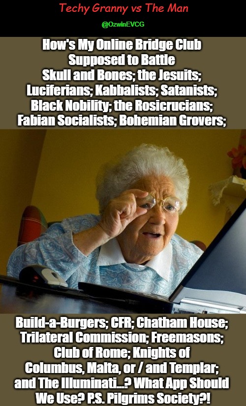 Techy Granny vs The Man | Techy Granny vs The Man; @OzwinEVCG | image tagged in social comedy,grandma finds the internet,online research,secret societies,power structures,political comedy | made w/ Imgflip meme maker