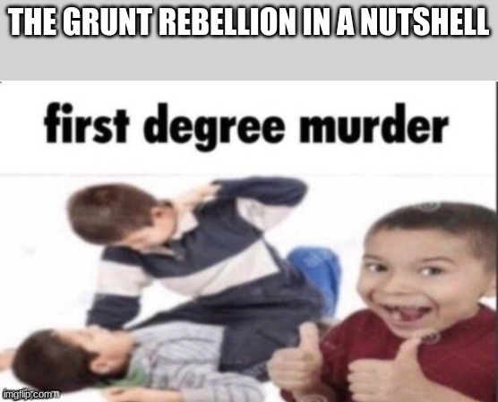 first degree murder | THE GRUNT REBELLION IN A NUTSHELL | image tagged in first degree murder | made w/ Imgflip meme maker