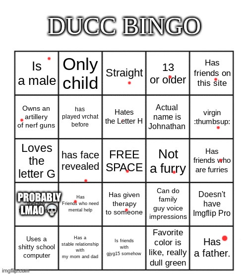 Ducc Bingo | PROBABLY LMAO 💀 | image tagged in ducc bingo | made w/ Imgflip meme maker