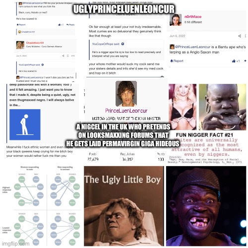 PrinceLuenLeoncur looksmaxx.org ugly incel | UGLYPRINCELUENLEONCUR; A NIGCEL IN THE UK WHO PRETENDS ON LOOKSMAXXING FORUMS THAT HE GETS LAID PERMAVIRGIN GIGA HIDEOUS | image tagged in ugly,black,man,ugly guy | made w/ Imgflip meme maker