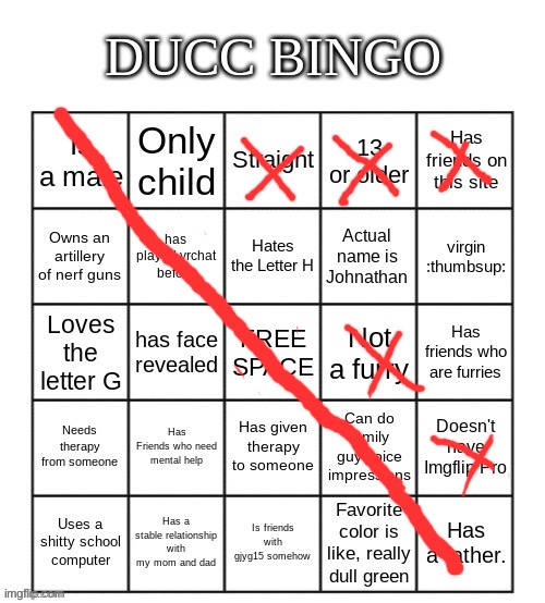 WHO EVENS LIKES GREEN, ITS A STAPLE OF HATE | image tagged in ducc bingo | made w/ Imgflip meme maker