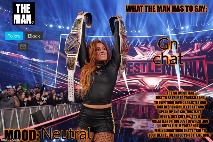 THE MAN Becky Lynch (Better format) | Gn chat; Neutral | image tagged in the man becky lynch better format | made w/ Imgflip meme maker