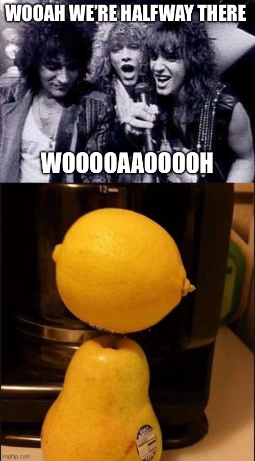 Bon Jovi | WOOAH WE’RE HALFWAY THERE; WOOOOAAOOOOH | image tagged in halfway there,lemon,pear | made w/ Imgflip meme maker