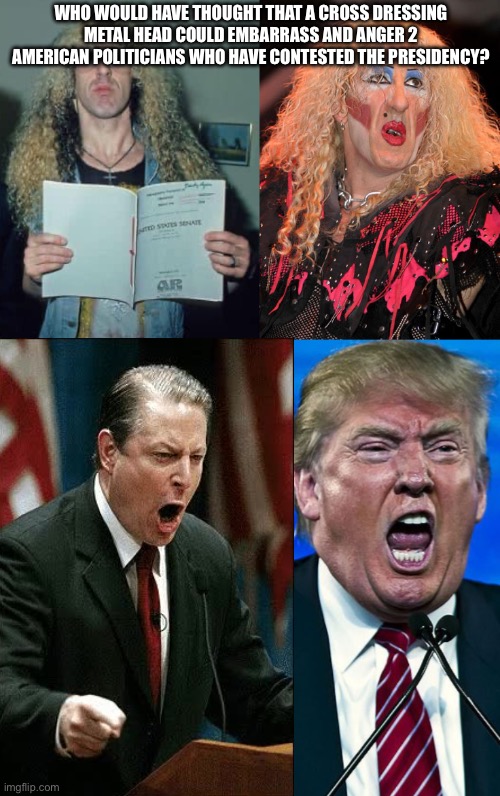 Hated by Democrat and Republican alike | WHO WOULD HAVE THOUGHT THAT A CROSS DRESSING METAL HEAD COULD EMBARRASS AND ANGER 2 AMERICAN POLITICIANS WHO HAVE CONTESTED THE PRESIDENCY? | image tagged in dee snyder,angry trump,al gore,embarrassed | made w/ Imgflip meme maker