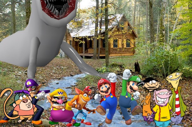 Wario and Friends dies by Bridge Worm during a Camping trip in the woods | image tagged in cabin in the woods,wario dies,crossover | made w/ Imgflip meme maker