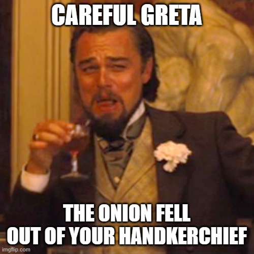 Laughing Leo Meme | CAREFUL GRETA THE ONION FELL OUT OF YOUR HANDKERCHIEF | image tagged in memes,laughing leo | made w/ Imgflip meme maker