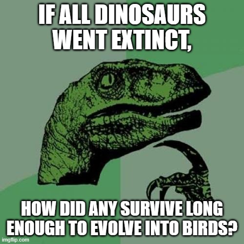 Philosoraptor | IF ALL DINOSAURS WENT EXTINCT, HOW DID ANY SURVIVE LONG ENOUGH TO EVOLVE INTO BIRDS? | image tagged in memes,philosoraptor,evolution,fail | made w/ Imgflip meme maker