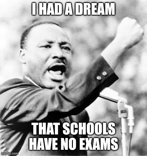 Martin Luther King Jr. | I HAD A DREAM THAT SCHOOLS HAVE NO EXAMS | image tagged in martin luther king jr | made w/ Imgflip meme maker