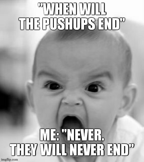 Angry Baby Meme | "WHEN WILL THE PUSHUPS END" ME: "NEVER. THEY WILL NEVER END" | image tagged in memes,angry baby | made w/ Imgflip meme maker