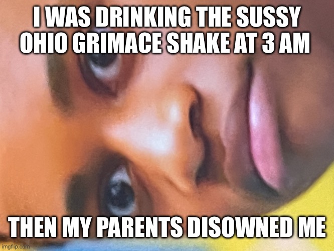 Can I get mod? | I WAS DRINKING THE SUSSY OHIO GRIMACE SHAKE AT 3 AM; THEN MY PARENTS DISOWNED ME | image tagged in the face of true horror | made w/ Imgflip meme maker