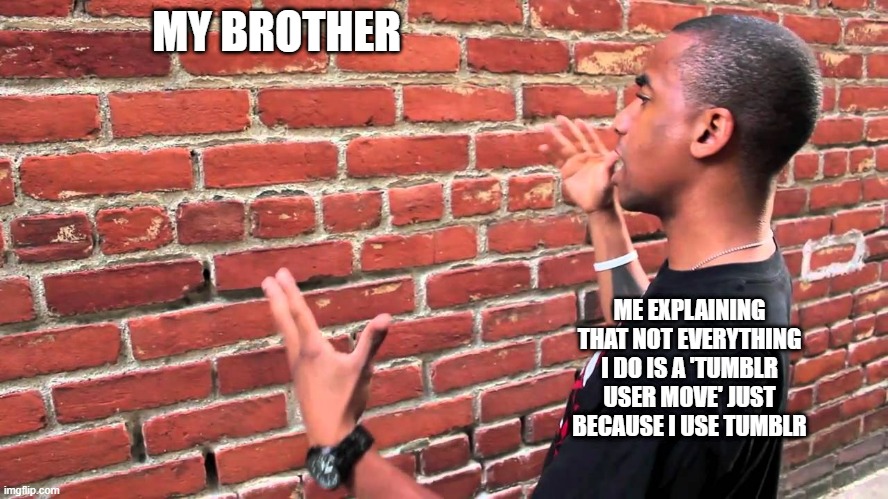 man shut yo ugly a-s-s up | MY BROTHER; ME EXPLAINING THAT NOT EVERYTHING I DO IS A 'TUMBLR USER MOVE' JUST BECAUSE I USE TUMBLR | image tagged in talking to wall,tumblr,siblings | made w/ Imgflip meme maker