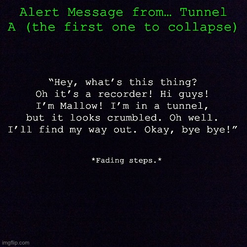 The introduction of a new character. | Alert Message from… Tunnel A (the first one to collapse); “Hey, what’s this thing? Oh it’s a recorder! Hi guys! I’m Mallow! I’m in a tunnel, but it looks crumbled. Oh well. I’ll find my way out. Okay, bye bye!”; *Fading steps.* | image tagged in black screen | made w/ Imgflip meme maker