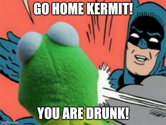 Batman slapping kermit | GO HOME KERMIT! YOU ARE DRUNK! | image tagged in batman slapping kermit | made w/ Imgflip meme maker