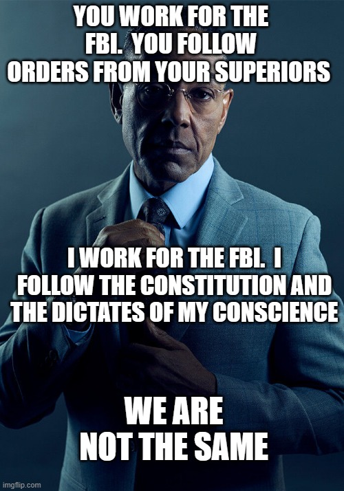 Gus Fring we are not the same | YOU WORK FOR THE FBI.  YOU FOLLOW ORDERS FROM YOUR SUPERIORS; I WORK FOR THE FBI.  I FOLLOW THE CONSTITUTION AND THE DICTATES OF MY CONSCIENCE; WE ARE NOT THE SAME | image tagged in gus fring we are not the same | made w/ Imgflip meme maker