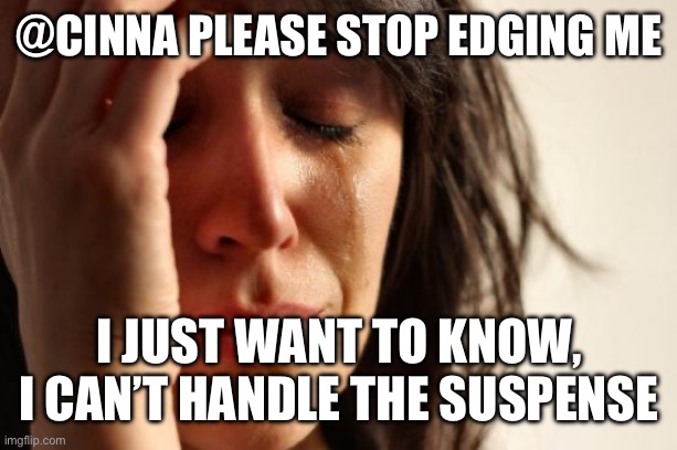 Complete nonsense, don’t worry | @CINNA PLEASE STOP EDGING ME; I JUST WANT TO KNOW, I CAN’T HANDLE THE SUSPENSE | image tagged in memes,first world problems | made w/ Imgflip meme maker