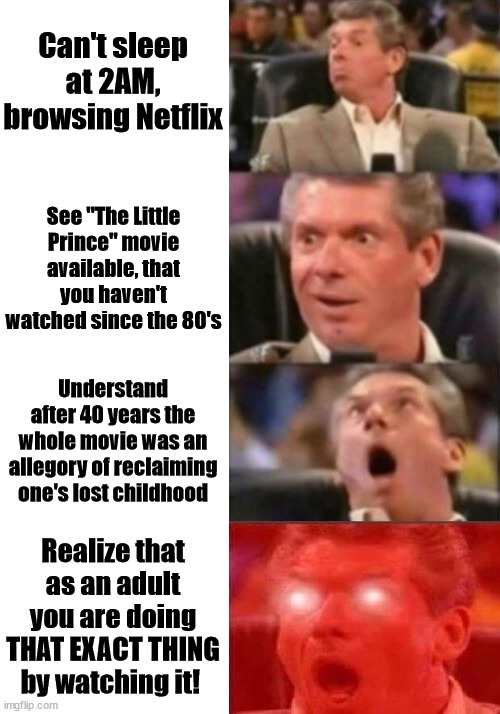 Reclaiming lost childhood | Can't sleep at 2AM, browsing Netflix; See "The Little Prince" movie available, that you haven't watched since the 80's; Understand after 40 years the whole movie was an allegory of reclaiming one's lost childhood; Realize that as an adult you are doing THAT EXACT THING by watching it! | image tagged in vince mcmahon 4 steps | made w/ Imgflip meme maker