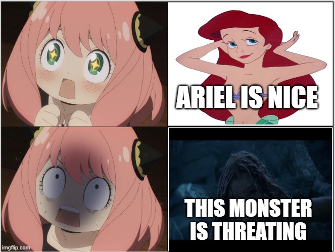 anya day and night | ARIEL IS NICE; THIS MONSTER IS THREATING | image tagged in anya forger,monsters,ariel,the little mermaid,spy x family,nightmare | made w/ Imgflip meme maker
