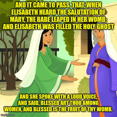 Mary and Elizabeth | AND IT CAME TO PASS, THAT, WHEN ELISABETH HEARD THE SALUTATION OF MARY, THE BABE LEAPED IN HER WOMB; AND ELISABETH WAS FILLED THE HOLY GHOST; AND SHE SPOKE WITH A LOUD VOICE, AND SAID, BLESSED ART THOU AMONG WOMEN, AND BLESSED IS THE FRUIT OF THY WOMB. | image tagged in mary and elizabeth | made w/ Imgflip meme maker