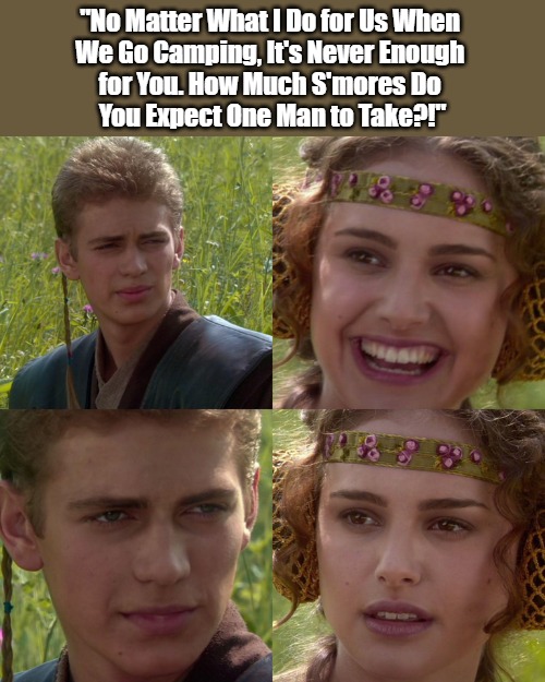 Eye-Rollup Sleeping-Bags | "No Matter What I Do for Us When 

We Go Camping, It's Never Enough 

for You. How Much S'mores Do 

You Expect One Man to Take?!" | image tagged in anakin padme 4 panel,camping,men and women,dating,bad pun,current mood | made w/ Imgflip meme maker