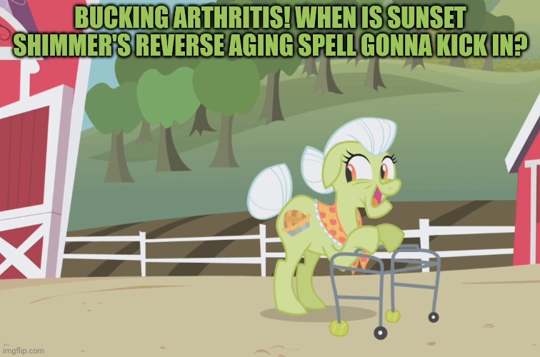 BUCKING ARTHRITIS! WHEN IS SUNSET SHIMMER'S REVERSE AGING SPELL GONNA KICK IN? | made w/ Imgflip meme maker