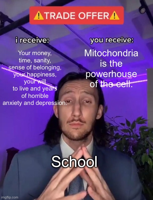 Trade Offer | Your money, time, sanity, sense of belonging, your happiness, your will to live and years of horrible anxiety and depression. Mitochondria is the powerhouse of the cell. School | image tagged in trade offer | made w/ Imgflip meme maker
