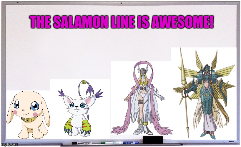 The Whiteboard of Wisdom loves the Salamon line | THE SALAMON LINE IS AWESOME! | image tagged in whiteboard,digimon,anime | made w/ Imgflip meme maker