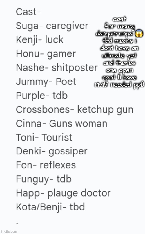 some ppl currently in it are old users from 2021/2020 that i kept from my old project | cast for msmg danganronpa 😱 tbd means i dont have an ultimate yet and theres one open spot (i have 14/15 needed ppl) | made w/ Imgflip meme maker