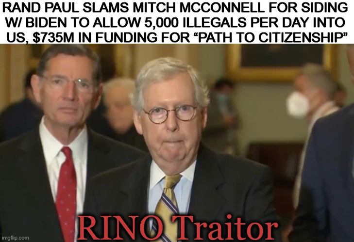 Rand is Right as Usual! | RAND PAUL SLAMS MITCH MCCONNELL FOR SIDING 
W/ BIDEN TO ALLOW 5,000 ILLEGALS PER DAY INTO 
US, $735M IN FUNDING FOR “PATH TO CITIZENSHIP”; RINO Traitor | image tagged in politics,open borders,unsustainable,rand paul,mitch mcconnell,rino | made w/ Imgflip meme maker
