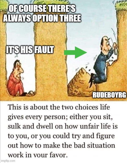 Blame Someone Else | OF COURSE THERE'S ALWAYS OPTION THREE; IT'S HIS FAULT; RUDEBOYRG | image tagged in blame someone else,it's his fault | made w/ Imgflip meme maker