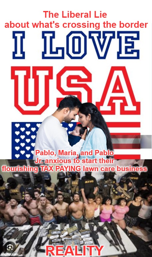 You say Potato, I say murderous gang of animals | The Liberal Lie 
about what's crossing the border; Pablo, Maria, and Pablo Jr. anxious to start their flourishing TAX PAYING lawn care business; REALITY | image tagged in liberal immigration lie meme | made w/ Imgflip meme maker