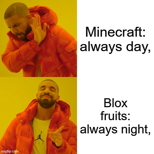 My opinion about time in 2 games | Minecraft: always day, Blox fruits: always night, | image tagged in memes,drake hotline bling | made w/ Imgflip meme maker