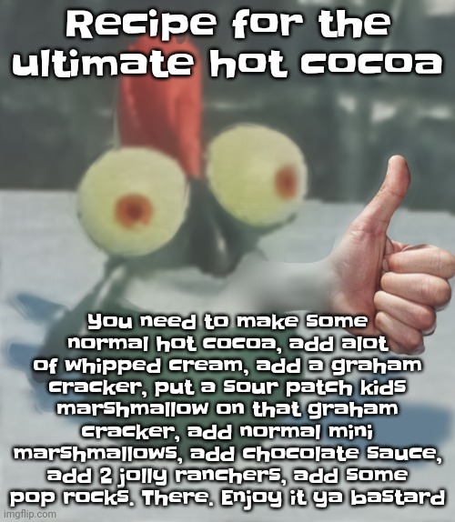Yuh | Recipe for the ultimate hot cocoa; You need to make some normal hot cocoa, add alot of whipped cream, add a graham cracker, put a sour patch kids marshmallow on that graham cracker, add normal mini marshmallows, add chocolate sauce, add 2 jolly ranchers, add some pop rocks. There. Enjoy it ya bastard | image tagged in nat's little buddy | made w/ Imgflip meme maker