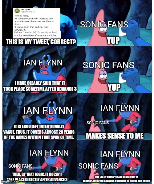 Ian's tweet about Sonic Prime's canonical state | SONIC FANS; THIS IS MY TWEET, CORRECT? YUP; IAN FLYNN; SONIC FANS; I HAVE CLEARLY SAID THAT IT TOOK PLACE SOMETIME AFTER ADVANCE 3; YUP; IAN FLYNN; IAN FLYNN; SONIC FANS; IT IS ERGO LEFT INTENTIONALLY VAGUE. THUS, IT COVERS ALMOST 20 YEARS OF THE GAMES WITHIN THAT SPAN OF TIME. MAKES SENSE TO ME; IAN FLYNN; IAN FLYNN; SONIC FANS; SONIC FANS; THEN, BY THAT LOGIC, IT DOESN'T TAKE PLACE DIRECTLY AFTER ADVANCE 3; BUT IAN. IT DOESN'T MAKE SENSE THAT IT TAKES PLACE AFTER ADVANCE 3 BECAUSE OF ORBOT AND CUBOT | image tagged in patrick star's wallet,sonic the hedgehog,ian flynn | made w/ Imgflip meme maker