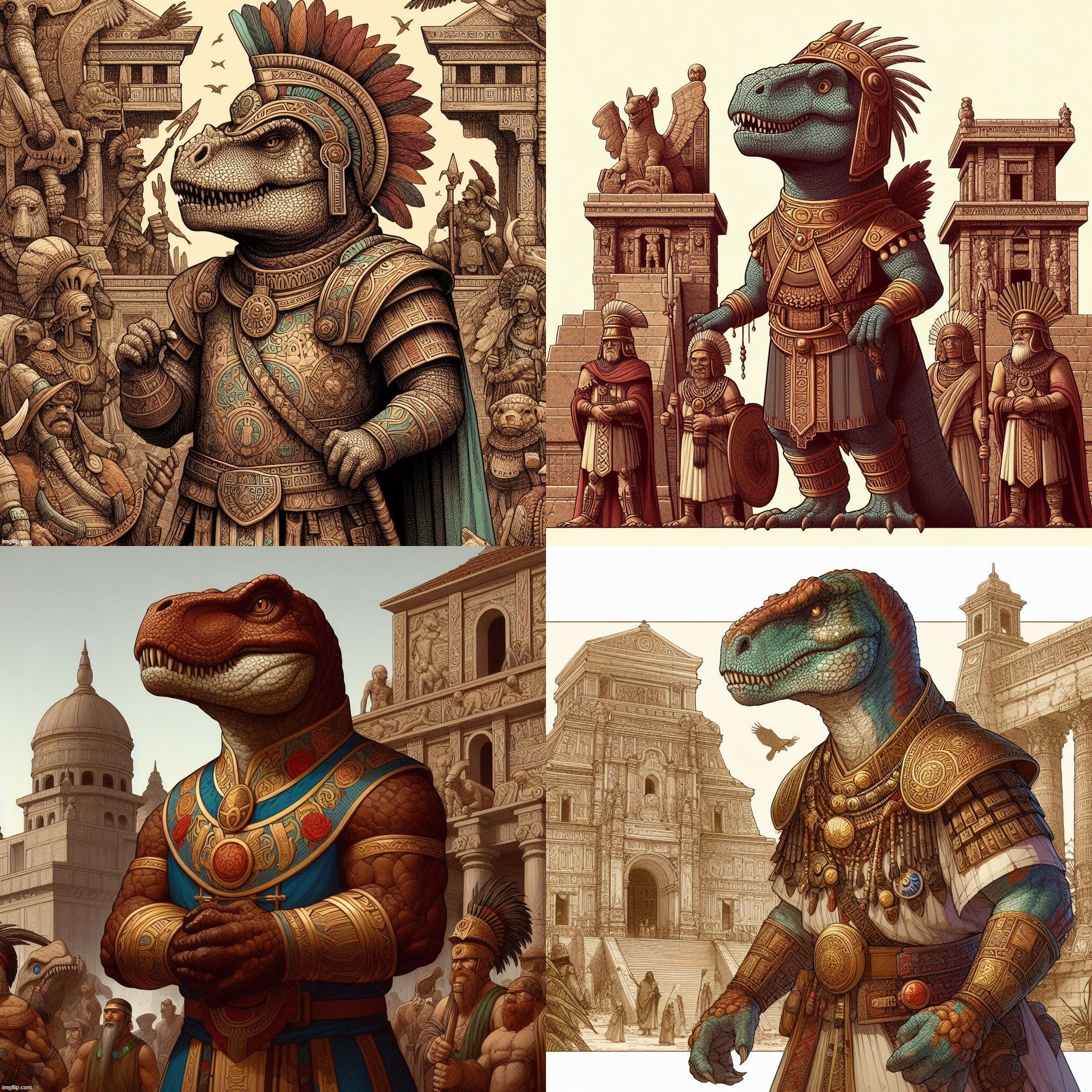 AI Bing: Anthropomorphic T-Rexes in clothing, armor, and around architecture inspired by The Holy Roman Empire, Mayans, and Huns | image tagged in ai generated,mayans,huns,holy roman empire,t rex,anthro | made w/ Imgflip meme maker