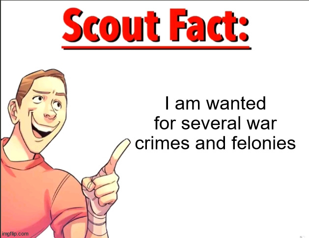 Im not even a tf2 fan help | I am wanted for several war crimes and felonies | image tagged in scout fact,tf2,tf2 scout,meme,scout,funny | made w/ Imgflip meme maker