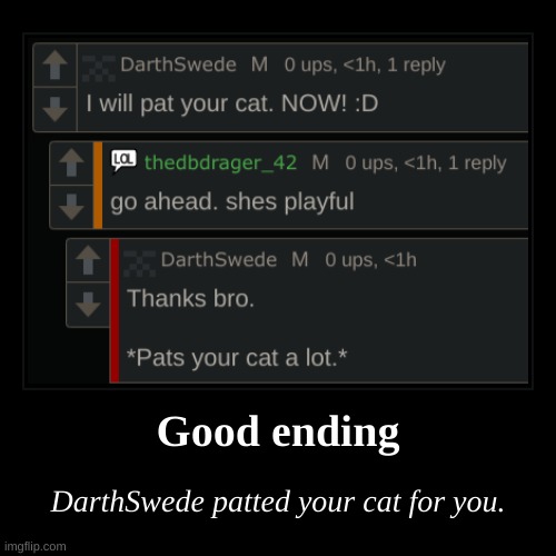 Good ending | DarthSwede patted your cat for you. | image tagged in funny,demotivationals | made w/ Imgflip demotivational maker