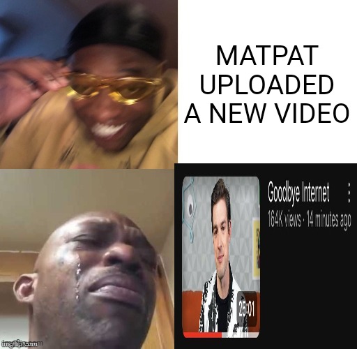 sad | MATPAT UPLOADED A NEW VIDEO | image tagged in wearing sunglasses crying,matpat,matpat retire,sad | made w/ Imgflip meme maker