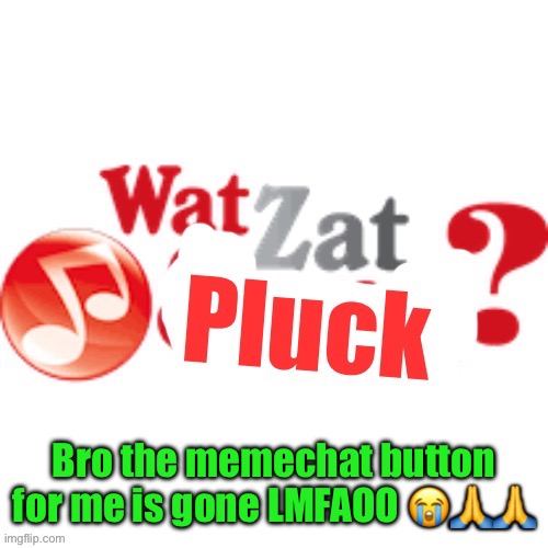 WatZatPluck announcement | Bro the memechat button for me is gone LMFAOO 😭🙏🙏 | image tagged in watzatpluck announcement | made w/ Imgflip meme maker