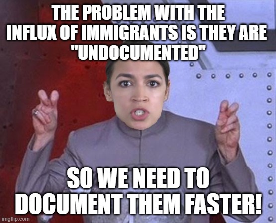 "Evil" AOC has all the answers | THE PROBLEM WITH THE INFLUX OF IMMIGRANTS IS THEY ARE 
"UNDOCUMENTED"; SO WE NEED TO DOCUMENT THEM FASTER! | image tagged in 'evil' aoc,illegal immigration,secure the border,progressives | made w/ Imgflip meme maker
