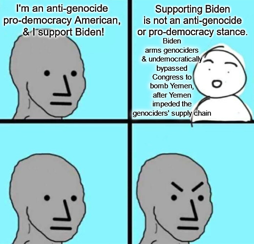 Do you tho? | Supporting Biden is not an anti-genocide or pro-democracy stance. I'm an anti-genocide pro-democracy American,
 & I support Biden! Biden arms genociders & undemocratically bypassed Congress to bomb Yemen, after Yemen impeded the genociders' supply chain | image tagged in npc,genocide joe,joe biden,yemen,palestine,israel | made w/ Imgflip meme maker