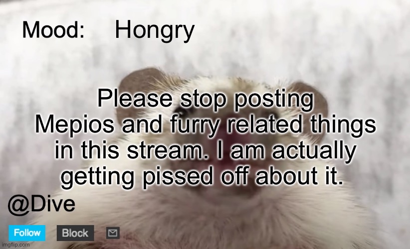 other people would agree with me | Hongry; Please stop posting Mepios and furry related things in this stream. I am actually getting pissed off about it. | image tagged in dive's announcement template,dive | made w/ Imgflip meme maker