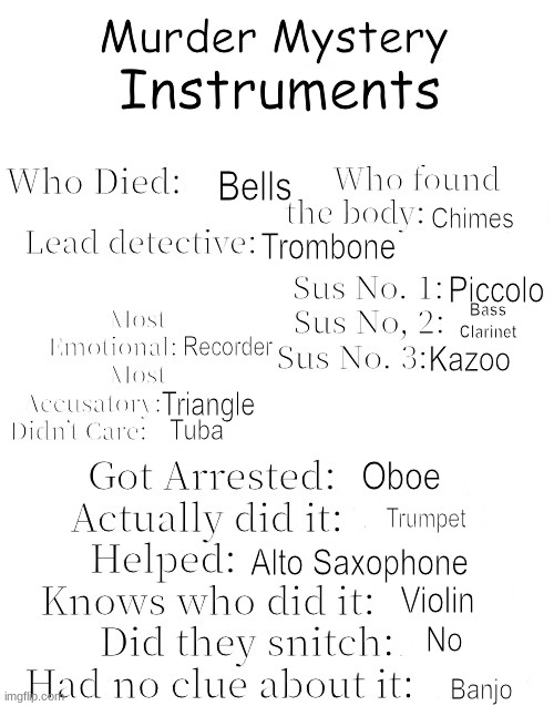 :3 | Instruments; Bells; Chimes; Trombone; Piccolo; Bass Clarinet; Recorder; Kazoo; Triangle; Tuba; Oboe; Trumpet; Alto Saxophone; Violin; No; Banjo | image tagged in murder mystery | made w/ Imgflip meme maker
