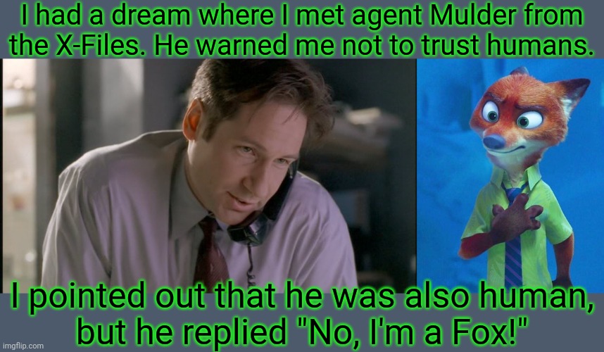 Kitsune Mulder. | I had a dream where I met agent Mulder from
the X-Files. He warned me not to trust humans. I pointed out that he was also human,
but he replied "No, I'm a Fox!" | image tagged in also fox mulder on the phone,nick wilde what,tv series,mysteries,supernatural,i want to believe | made w/ Imgflip meme maker