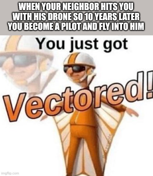 Vector! | WHEN YOUR NEIGHBOR HITS YOU WITH HIS DRONE SO 10 YEARS LATER YOU BECOME A PILOT AND FLY INTO HIM | image tagged in you just got vectored,plane,airplane,vector,pilot | made w/ Imgflip meme maker