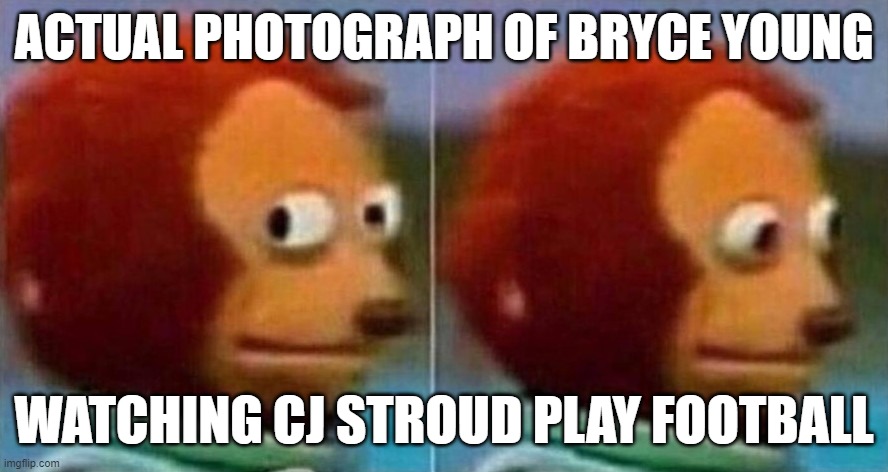 Nothing to see here | ACTUAL PHOTOGRAPH OF BRYCE YOUNG; WATCHING CJ STROUD PLAY FOOTBALL | image tagged in side glance monkey cropped,bryce young,cj stroud,nfl | made w/ Imgflip meme maker