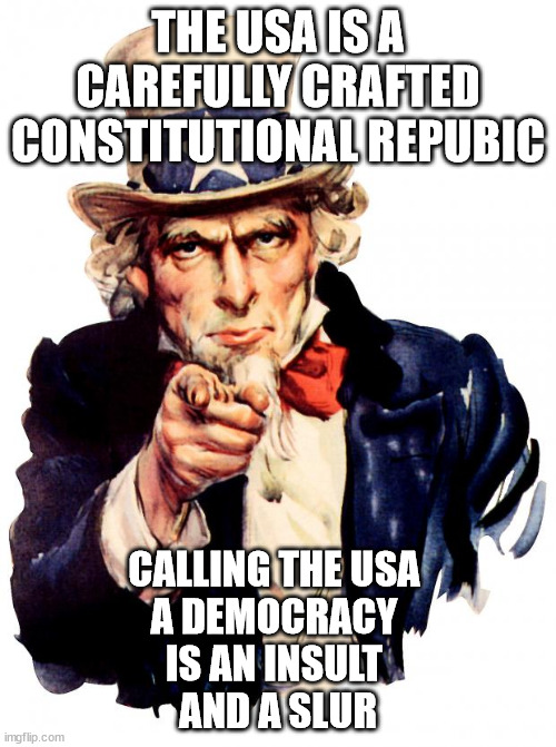 ENOUGH IS ENOUGH | THE USA IS A CAREFULLY CRAFTED CONSTITUTIONAL REPUBIC; CALLING THE USA 
A DEMOCRACY 
IS AN INSULT 
AND A SLUR | image tagged in memes,uncle sam,democracy,constitution | made w/ Imgflip meme maker