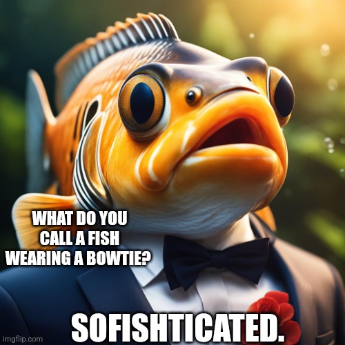Classy Fish | WHAT DO YOU CALL A FISH WEARING A BOWTIE? SOFISHTICATED. | image tagged in fish in bow tie,dad joke,humor,funny,jokes,joke | made w/ Imgflip meme maker