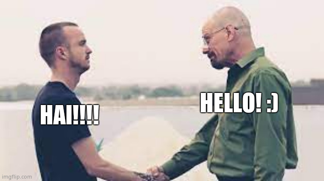Walter White and Jesse pinkman Shake the hands | HELLO! :) HAI!!!! | image tagged in walter white and jesse pinkman shake the hands | made w/ Imgflip meme maker