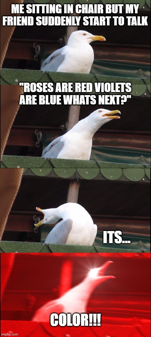 Quote Blind. | ME SITTING IN CHAIR BUT MY FRIEND SUDDENLY START TO TALK; "ROSES ARE RED VIOLETS ARE BLUE WHATS NEXT?"; ITS... COLOR!!! | image tagged in memes,inhaling seagull | made w/ Imgflip meme maker