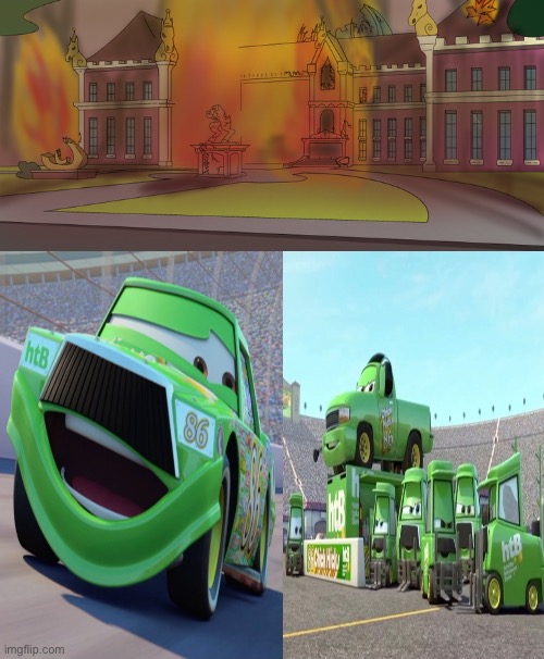 Free Like: Chick Hicks and his Pit Crew Destroys Canterlot High School | image tagged in disney pixar cars,chick hicks and his pit crew,canterlot high school,equestria girls,destruction,fire | made w/ Imgflip meme maker
